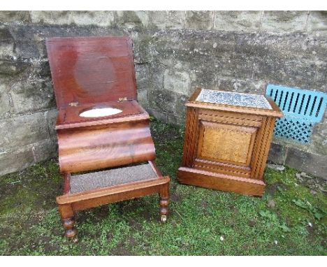 A 19th mahogany step commode, together with an oak&nbsp; and burr wood framed commode