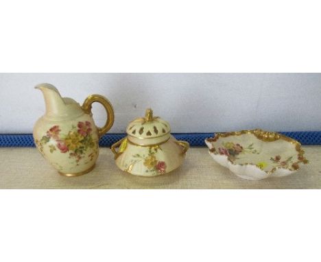 A Royal Worcester blush ivory scallop dish, shape number 1413, together with a Royal Worcester blush ivory flat back jug, 109