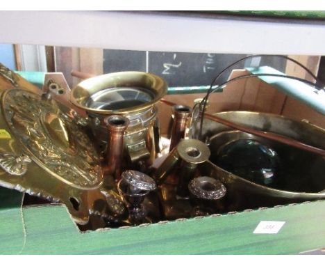 A box of metal ware to include Arts and crafts sconce, light stamped Castle aceyold lamp, united lamp company&nbsp; candlesti