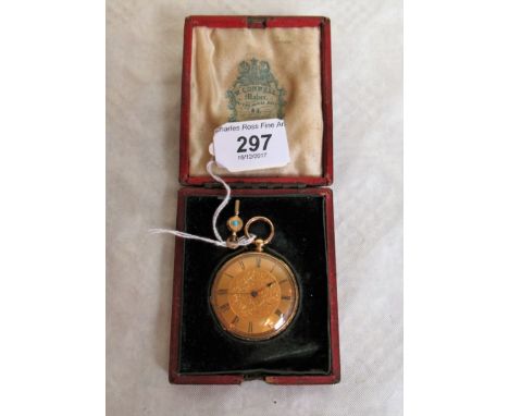 A lady's gold open faced pocket watch, enamelled to reverse (with extensive damage), engine turned dial with Roman numerals, 