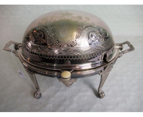 An Edwardian silver plated chafing dish with ivory button handle on four tapered reeded legs, paw and ball feet.