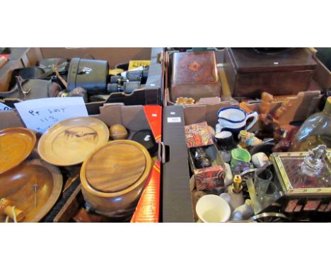 A mixed lot including: cased binoculars, treen, a novelty decanter fashioned as a carriage, sewing requisites, lacquered and 