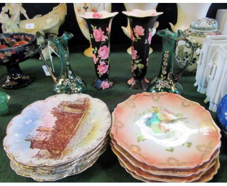A mixed lot, including: a pair of late 19th century green glass elongated loop handled jugs, each decorated with flowers in w