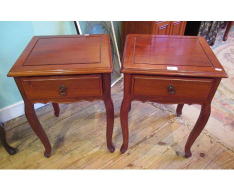 A pair of reproduction Chinese hardwood lamp tables, each with square top, single frieze drawer, shaped frieze on cabriole le