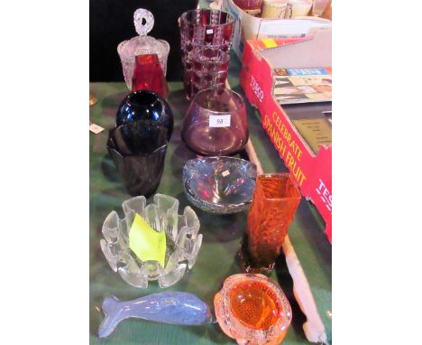 A mixed lot of art and studio glass, including: a bark effect Whitefriars-type bowl, cased glass vase, Bohemian ruby and clea