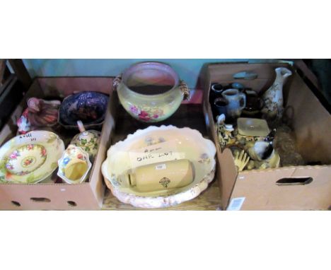 A mixed lot of decorative items, including: a Royal Doulton foot warmer, a large Edwardian jardiniere, Masons jug, ceramic an