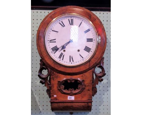 A Victorian walnut drop dial wall clock with enamel Roman twelve inch dial.
