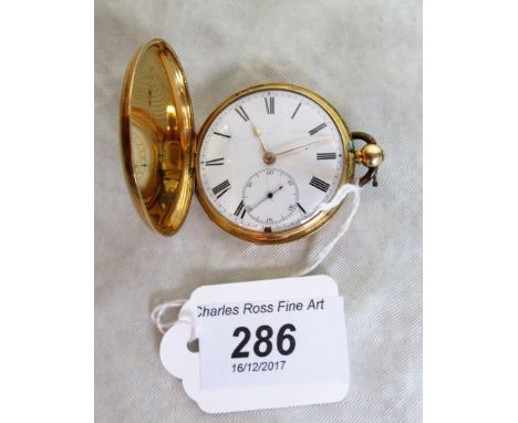 An 18ct gold hunting cased pocket watch, the engine turned case opening to reveal a white enamel dial with Roman numerals and