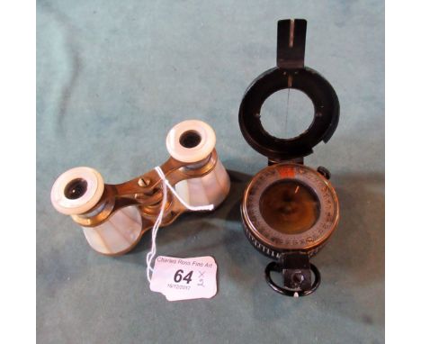 A pair of mother of pearl cased opera glasses, together with second war period marching compass.