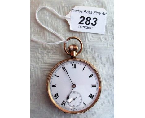 A 9ct gold open faced pocket watch, white enamel dial, Roman numerals, subsidiary seconds at 6 o'clock, keyless lever movemen