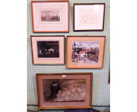 After Lancier, a reproduction engraving 'The Cavalier's Pets', together with a framed print of young girls praying before a t