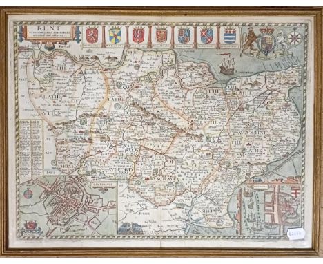 A John Speede map of Kent, with vignettes of Canterbury and Rochester, 40 x 53 cmColoured but may be partially later coloured