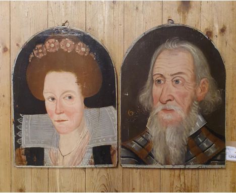English school, 20th century, portrait of a knight, oil on board, 42 x 31 cm, and its pair of a lady, gallery label verso 