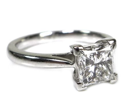 A platinum and diamond solitaire ring, the princess cut stone approximately 6.1 by 6.0mm, 1.33ct, size K/L, 5.2g, with certif