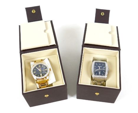 Two modern Ingersoll gentleman's quartz wristwatches, one gold plated, model IG0731 MI, with circular black dial and moon rol