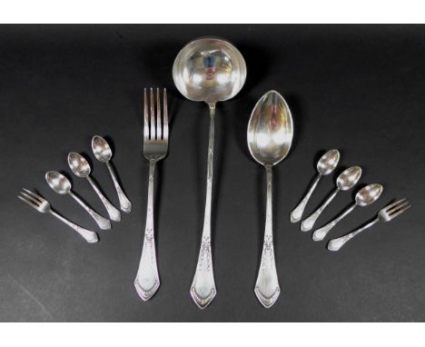 Eleven pieces of Early 20th century Kiev silver, with ornate baronial mark to finials,  comprising a large ladle, 33cm long, 
