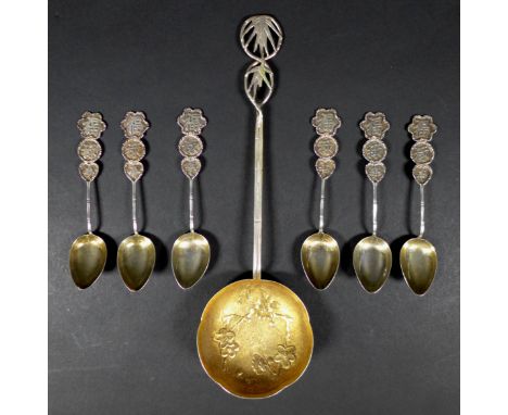 A collection of 20th century Chinese silver flatware, comprising a serving spoon, with cinquefoil spoon bowl and pierced bamb