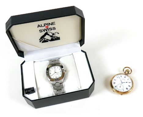 A Vertex Revue gold plated open faced pocket watch, circa 1980, keyless wind, white dial with black Roman numerals, subsidiar