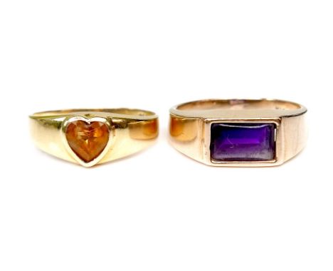 An 18ct gold and yellow topaz ring, the stone heart shaped, size N, 2.0g, together with a 14ct gold ring set with a rectangul