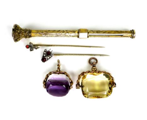 A group of jewellery and accessories, comprising two stick pins, one with insect finial, the other a flower finial, set with 