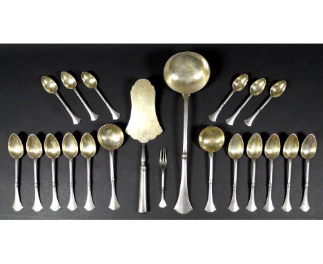 A collection of Russian white metal flatware, stamped '??????' (Geneva) and '84' suggesting 875 grade silver, including a lar