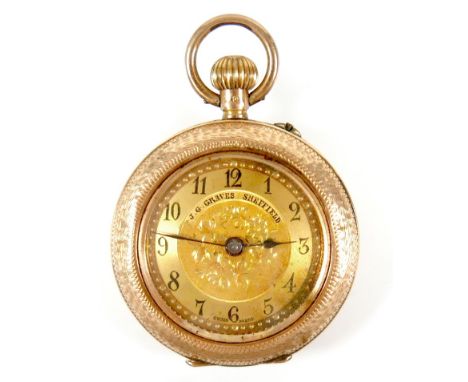 A Victorian 14ct gold lady's pocket watch, keyless wind, open faced, with engraved floral dial signed 'J. G. Graves, Sheffiel