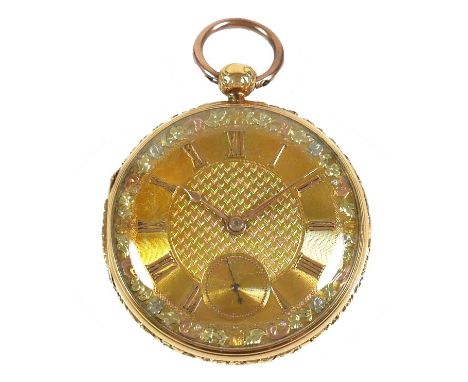 A George IV 18ct gold verge fusee pocket watch, open faced, key wind, foliate and engine turned decoration to case, the gold 