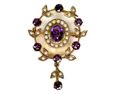 A late Victorian 9ct gold, amethyst and seed pearl pendant brooch, of open wreath design, 2.6 by 3.7cm, with safety chain, 5.