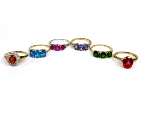 A group of six Gems TV and Gemporia 9ct gold rings, comprising AA tanzanite and diamond, Padparadscha colour topaz and diamon