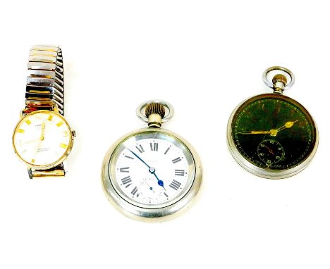 A vintage LNER Selex pocket watch, with top wind, subsidiary diary, white metal case stamped 'L.N.E.R. 6094' verso, 55mm case