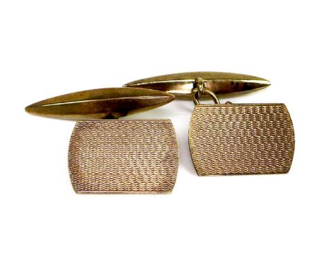 A pair of 9ct gold cufflinks, or rounded rectangular form with engine turned decoration, marked H.G & S, faces 1 by 1.5cm, 4.