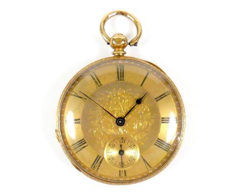 A Continental 18K gold lady's pocket watch, key wind, open faced, with engraved floral dial, matte chapter ring with black Ar