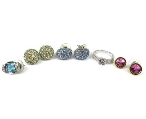 A group of Swarovski jewellery, including a ring set with white crystals, size P/Q, two pairs of cluster design stud earrings