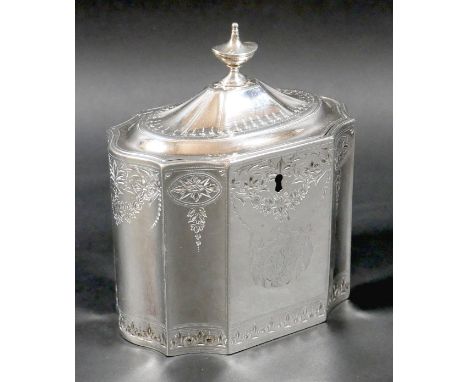 A George III silver tea caddy, of decagon section with caddy top and small urn finial, decorated with bright cut engraving, a