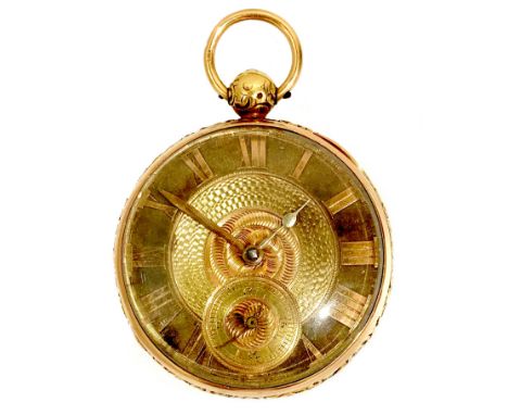 A George IV 18ct gold verge fusee pocket watch, open faced, key wind, foliate and engine turned decoration to case, the gold 