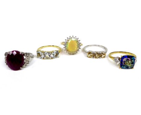 A group of five Gems TV and Gemporia 9ct gold rings, comprising Espirito Santo aquamarine, Ratnapuri ruby and diamond in whit