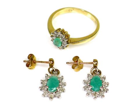 A pair of 9ct gold, diamond and Colombian emerald drop earrings, 1.5cm including drop, together with a matching ring, size N,