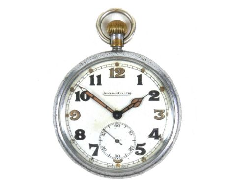 A Jaeger LeCoultre chrome plated pocket watch, circa 1940, keyless wind with black and luminous Arabic numerals, luminous  ha