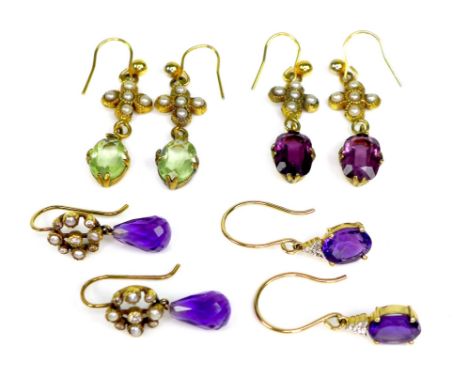 A pair of gold, seed pearl and diamond chip drop earrings, set with later faceted purple drops, unmarked but tests as approxi