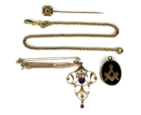 A small group of jewellery, comprising an unmarked gold chain, with clasp end, testing as 14ct gold, 28cm, 13.9g, an Edwardia