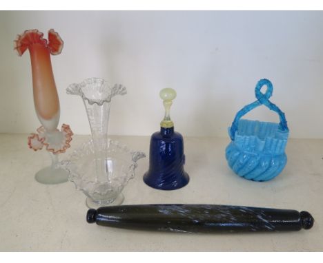 Five of pieces of late 19th century/early 20th century glassware including a bell, rolling pin, two vases and a basket - Heig