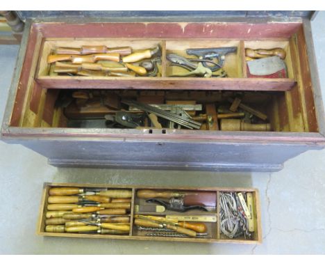 A pine dovetailed carpenters/joiners tool box plus a large amount of various woodworking tools e.g. planes and chisels etc