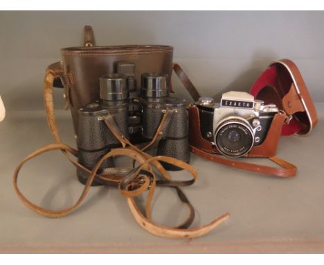 An Exakta Imagee camera with a Carl Zeiss Vena Tessar 2.8/50 6005853 lens, a pair of Ross of London binoculars