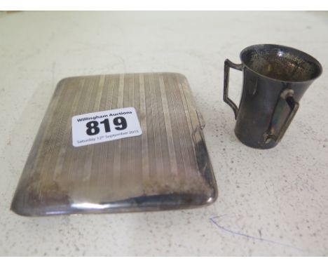 A silver cigarette case and a small silver mug - Weight approx.  5.4 troy oz