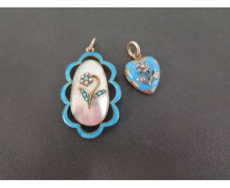 An early 20th century gold mother of pearl seed pearl turquoise and enamel pendant  - Length 4.5cms - Together with a late 19
