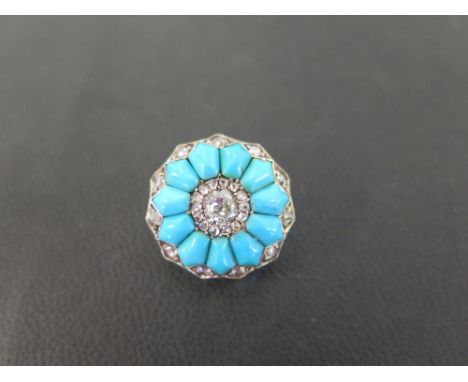 A diamond and turquoise deco-style cluster brooch - The old-cut diamonds within a turquoise and rose-cut diamond surround - P