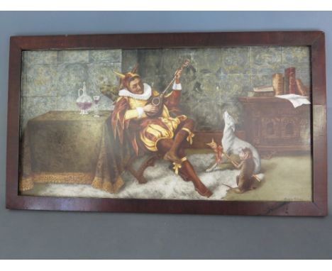 A 19th century porcelain plaque of a Jester playing a lute with monkey and greyhound in a 16th century interior - signed Bess