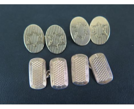 Two pairs of 9ct gold cufflinks - One with engine-turned detail - One with star decoration - Total weight approx 15.0gms
Cond