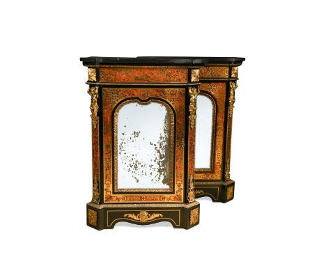 A pair of Victorian tortoiseshell and gilt metal mounted Boulle side cabinets, veneered in red tortoiseshell and cut brass, e