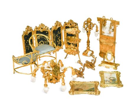 Erhard & Söhne, a  collection of gilt metal dolls' house furniture and accessories, to include a conversation seat, a six-bra